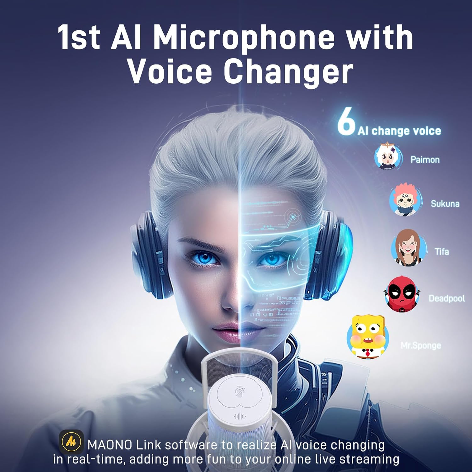 MAONO Wireless Microphone for PC,Gaming Streaming USB Mic with Software AI Voice Change,3-Level Noise Cancellation,Custom EQ,Gain Control for Computer Podcast Recording (DM40 AI Mic, DM40-White)