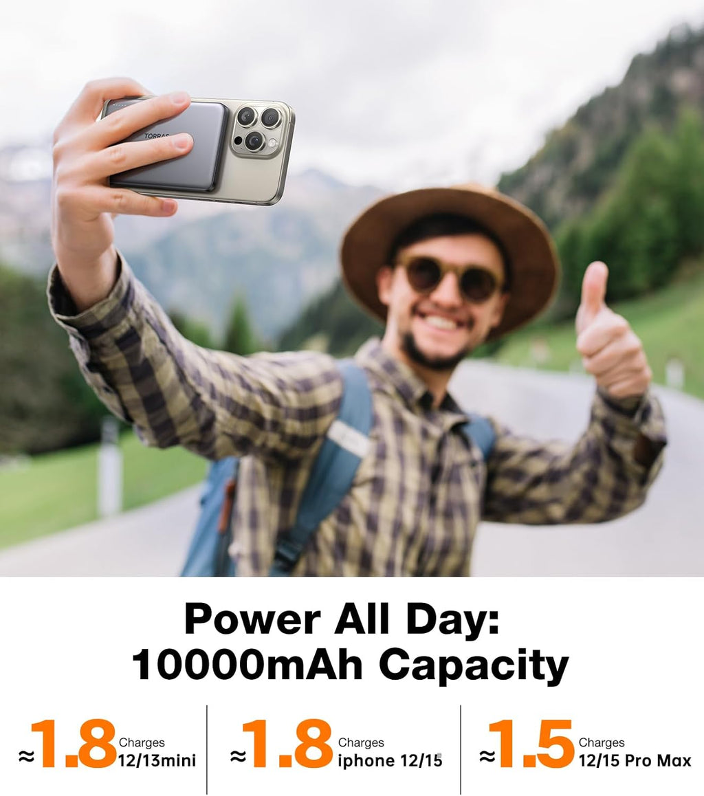 TORRAS MiniMag Power Bank,Ultra-Slim 10,000mAh Magnetic Wireless Portable Charger, 22.5W Fast Charging iPhone Air Magnetic Battery Pack Designed for iPhone 17 Pro Max/17 Pro/Air/16/15/14/13/12, Gray
