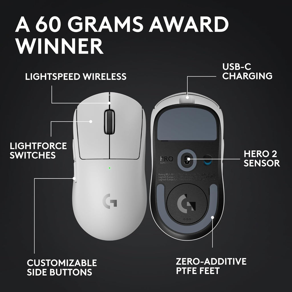 Logitech G PRO X SUPERLIGHT 2 Wireless Gaming Mouse, 60g Pro-Grade with 5 Programmable Buttons, 44k DPI Sensor, 8kHz Report Rate, USB-C Charging for PC/Mac - White