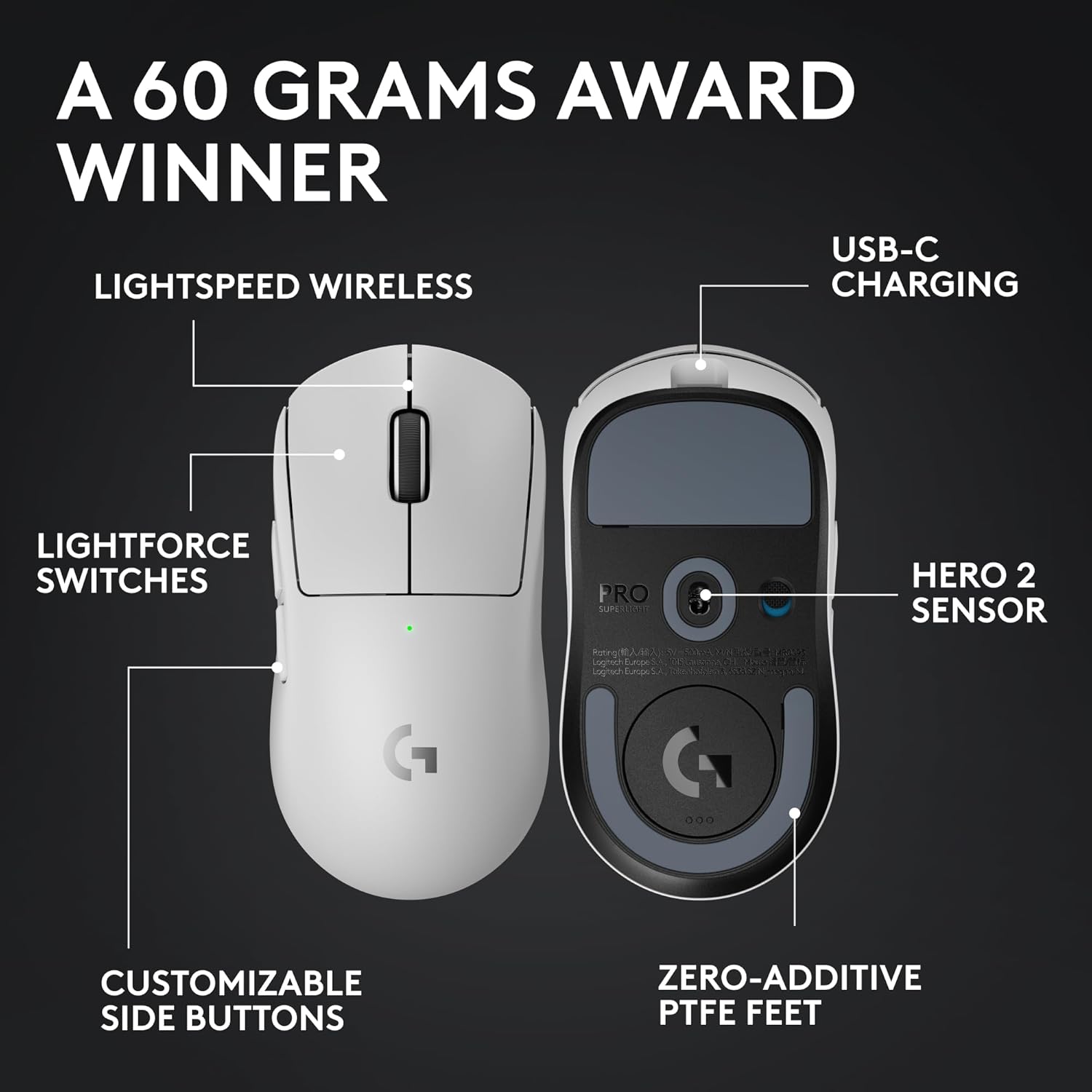 Logitech G PRO X SUPERLIGHT 2 Wireless Gaming Mouse, 60g Pro-Grade with 5 Programmable Buttons, 44k DPI Sensor, 8kHz Report Rate, USB-C Charging for PC/Mac - White