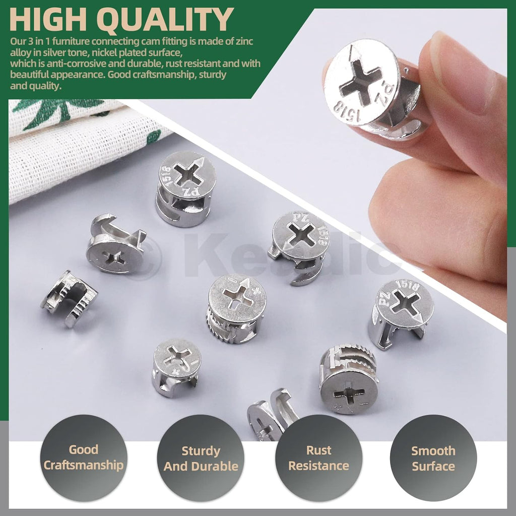 Keadic 100 Pcs 4 Sizes Cam Locks for Furniture, 3-in-1 Eccentric Wheels, Furniture Cam Lock Nuts Furniture Connecting Cam Lock Fittings Assortment Kit for Wardrobe Drawer Closets Bed