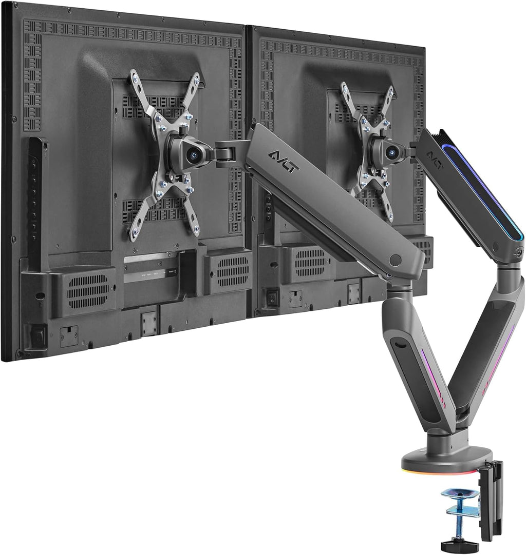 AVLT Dual 27”-43” RGB Gaming Monitor Arm Desk Mount Built-in 20 Lighting Modes Touch Button Control Fits Flat/Curved/Ultrawide Screen Height Swivel Tilt Rotation Adjustable Monitor Stand -Dark Gray