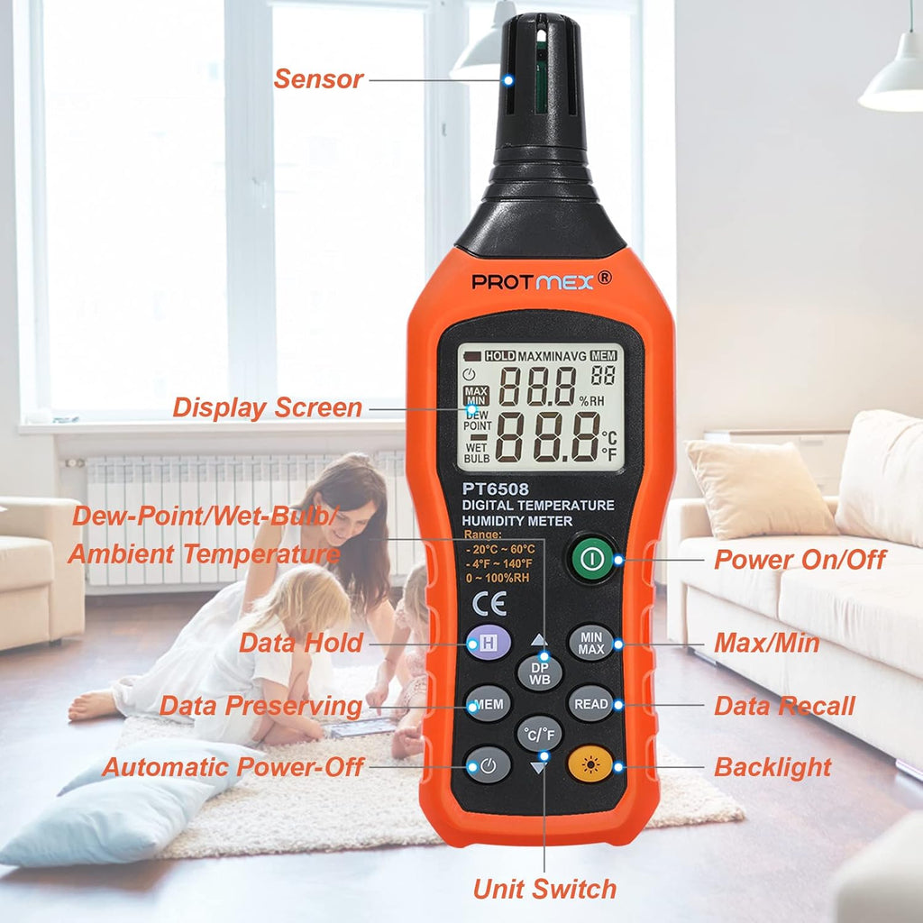 Protmex Digital Temperature Humidity Meter, Thermometer Hygrometer with Ambient Dew Point and Wet Bulb Temperature Indoor and Outdoor, Data Logger with Min/Max Hold, LCD Backlight, PT6508