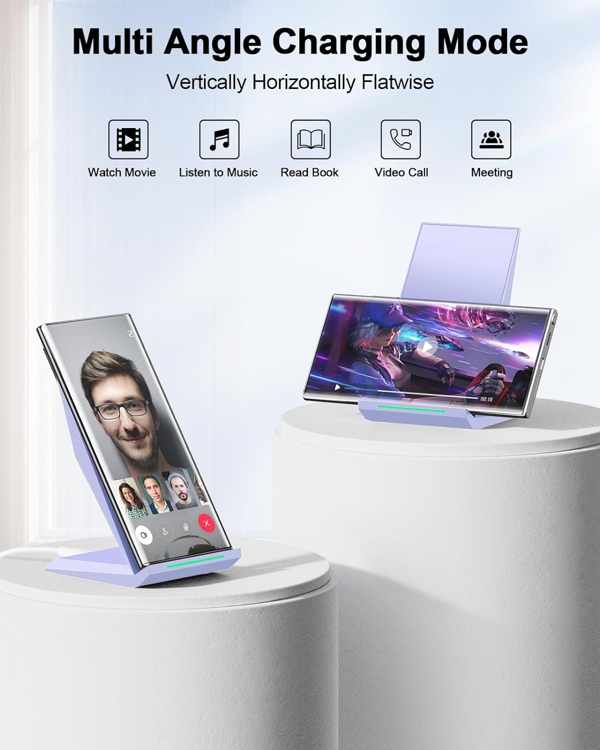 NANAMI Wireless Charger - Fast Qi-Certified Wireless Charging Stand Compatible Apple iPhone 16/16 Plus/16 Pro/16 Pro Max/15/14/13/12 Pro, Desktop Phone Charger for Samsung Galaxy S25/S24/S23/S22/S21