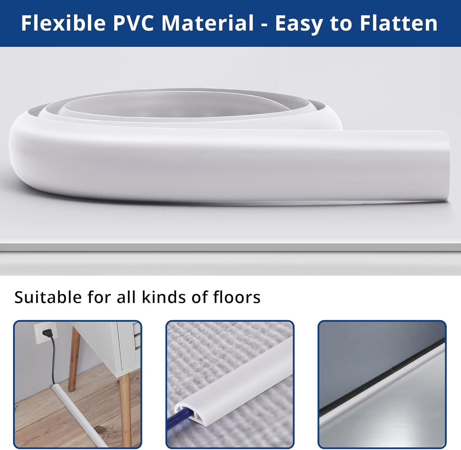 Cord Cover Floor 6ft White, PVC Floor Cable Cover, Cord Hider Floor Cord Protector Prevent Cable Trips & Protect Wires, Floor Cable Management Hide Cords on Floor, Cord Cavity -W0.47 x H0.28