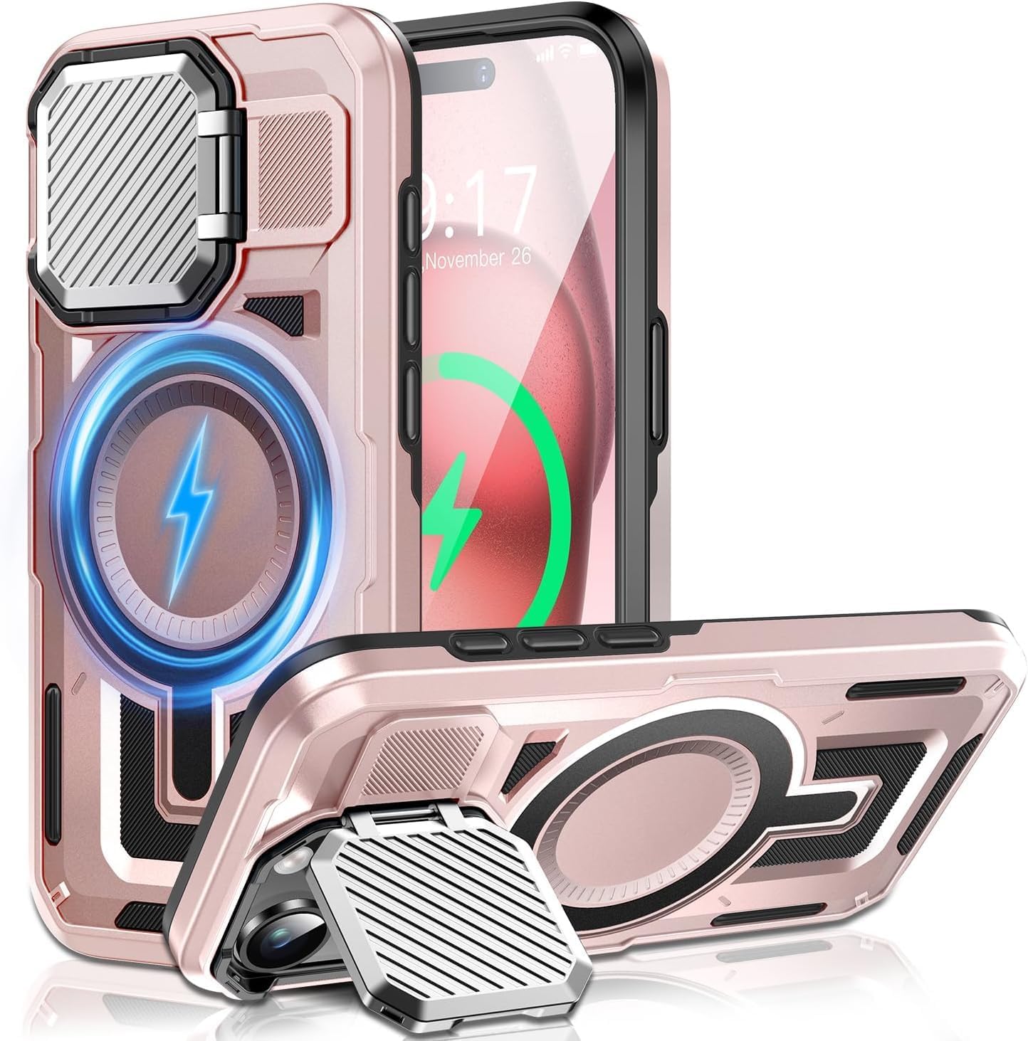 Camera Stand Case for iPhone 15 Plus, [Compatible with Mag Safe] [Lens Cover] 2024 Version Military Grade Protective Soft Case for iPhone 15 Plus 6.7 inch Men Women, Pink