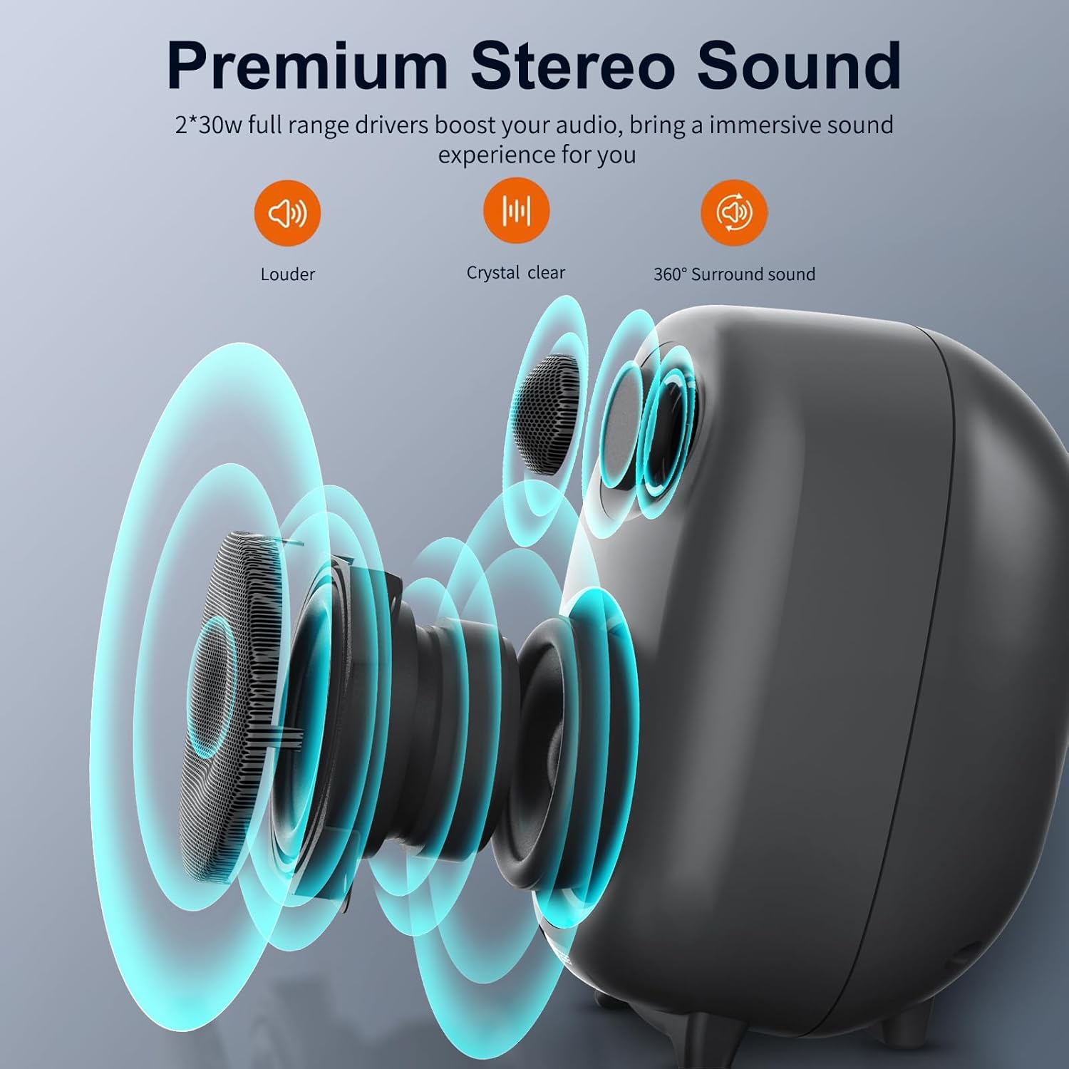 BESTISAN Bookshelf Speakers, 60 Watt Powered Studio Monitor Speaker with Bluetooth 5.0 and Wired Optical Line in Input Port, Bass and Treble Adjustable, Deep Bass, 3 Audio Mode Design (Gray)