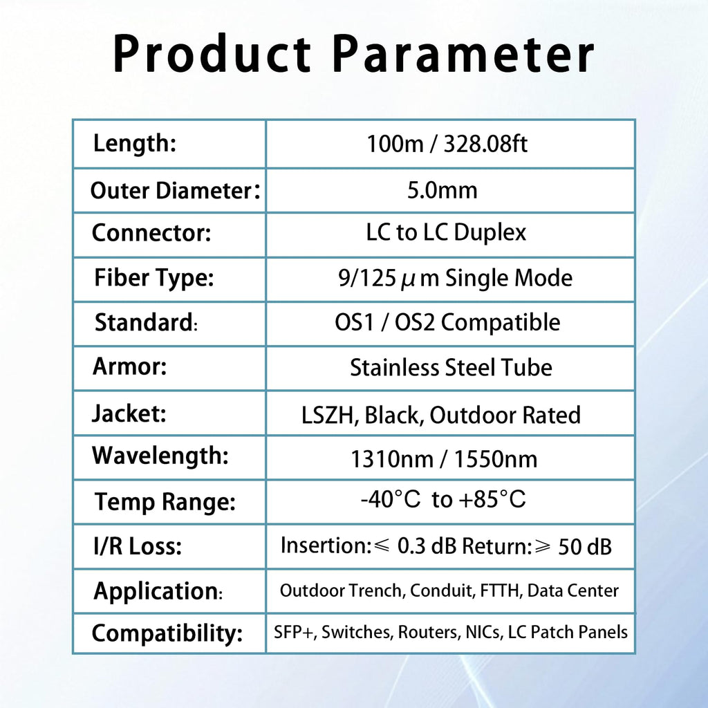 100M/328FT LC to LC Armored Outdoor Fiber Optic Cable, Single Mode Duplex 9/125μm SMF Fiber Patch Cord, OS1/OS2 Compatible, Black LSZH Jacket, Uniboot Jumper for FTTH, Data Center, Long-Distance Use
