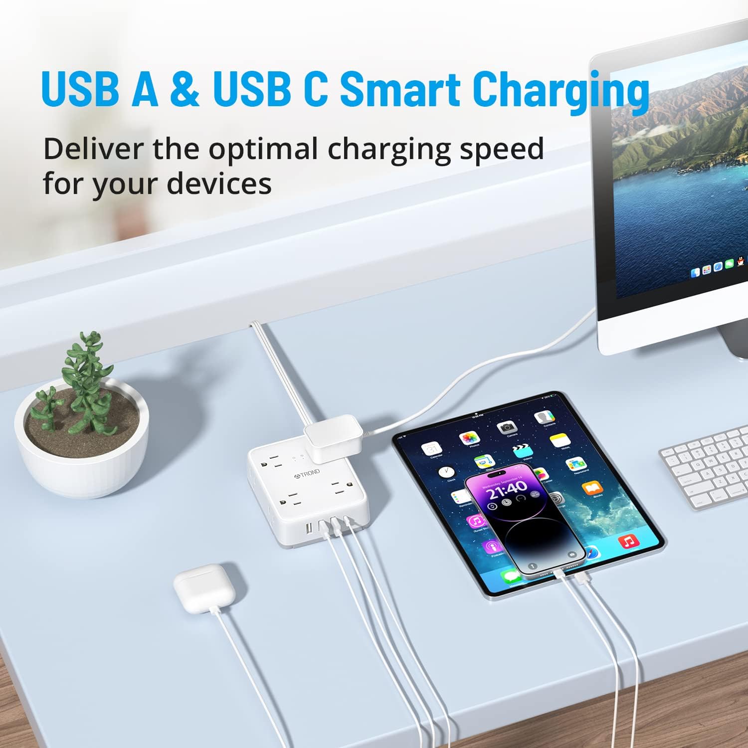 TROND Surge Protector Power Strip with USB, Ultra Thin Flat Plug 5ft Extension Cord 1625W, 3 USB A & 1 USB C, 8AC Outlets 1440J Surge Protection Wall Mount for Home Office Dorm Room Essentials, White