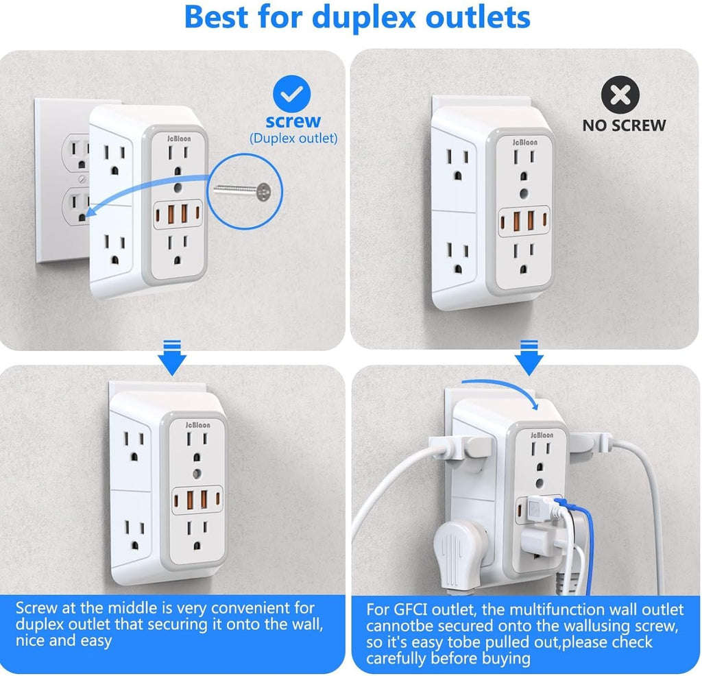 2 Pack Wall Charger, Surge Protector 6 Outlet Extender Multi Plug Wall Outlets with 4 USB Charging Ports (2 USB C Outlet) 3 Sided 1050J Power Strip Wall Adapter Spaced for Home Travel Office