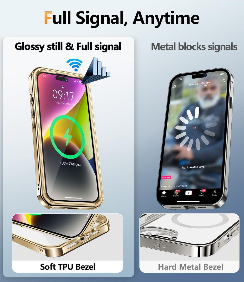 [360° Rotatable CD Stand & Built-in Privacy Screen Magnetic Case for iPhone 14 [Compatible with MagSafe & Full Signal] Mil-Grade Shockproof Full Body Anti-Spy Cover for 14-Gold