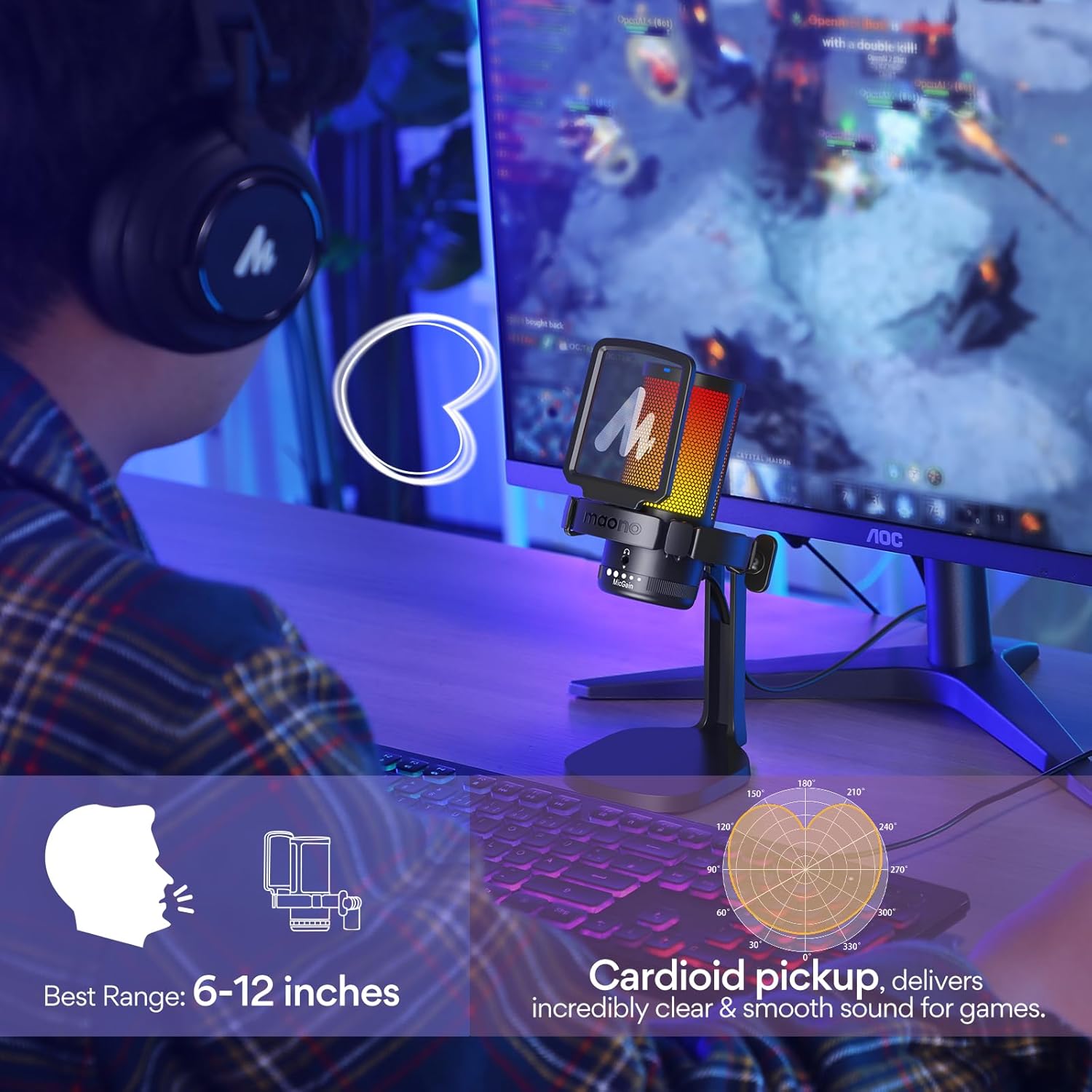 MAONO USB Gaming Microphone for PC, Noise Cancellation Condenser Mic with RGB Lights, Mute, Gain for Streaming, Recording, Podcast, Chat, Twitch, YouTube, Discord, Computer, PS5, PS4, GamerWave