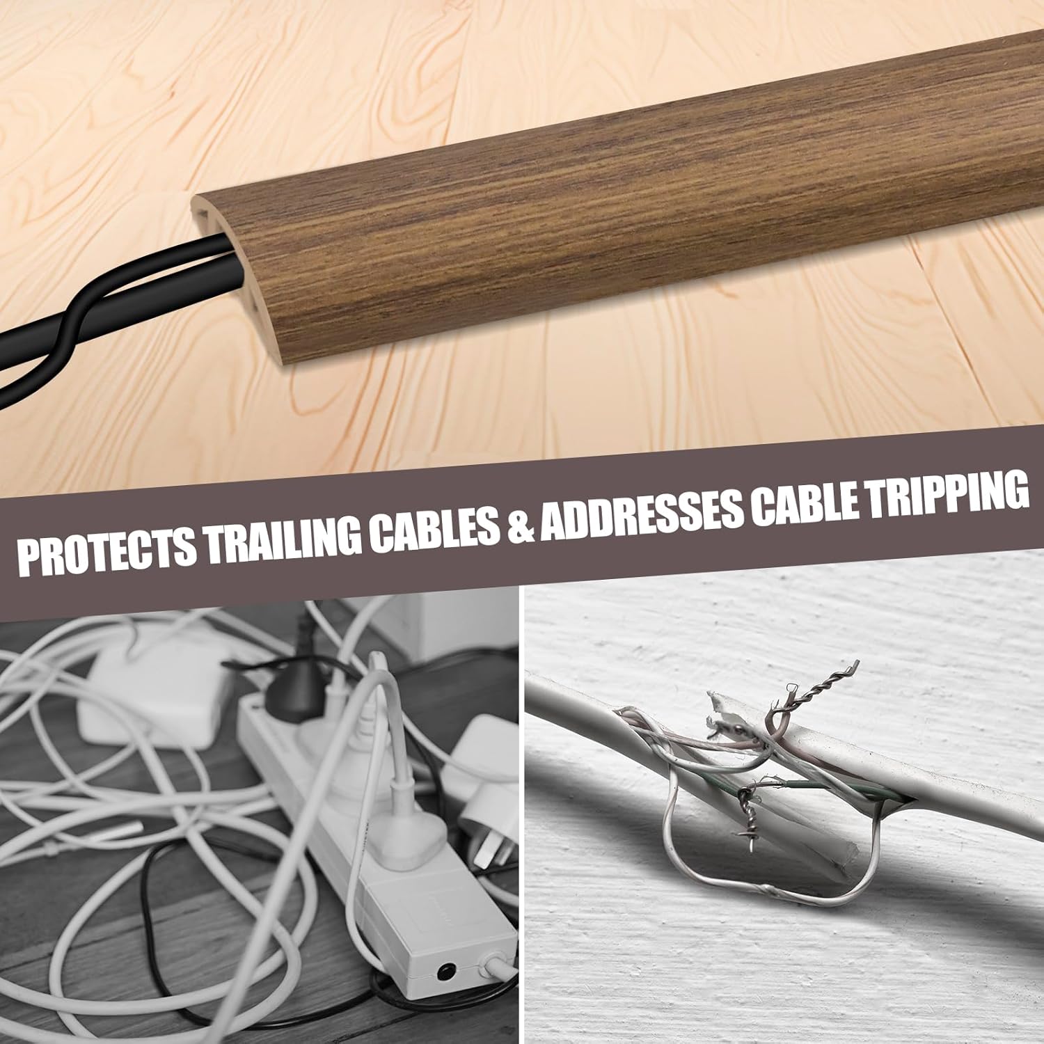 Floor Cord Cover Cable Cavity Self Adhesive Cord Hider Floor Floor Cable Management Power Cord Protector Floor Electric Cord Covers for Offices, Gym, Exhibitions (Misty Brown Wood, 2.36" x 3.3')