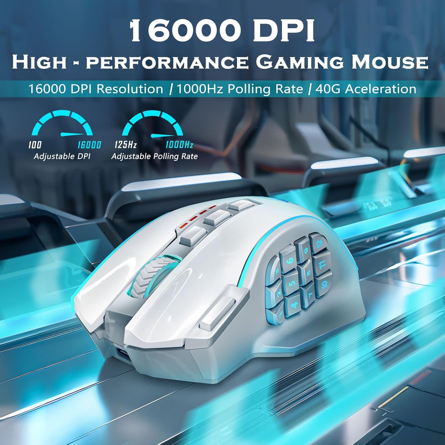 Redragon Wireless Gaming Mouse, MMO Gaming Mouse UP 16,000 DPI, 16 Macro Programmable Buttons, RGB Rechargeable Mouse with 12 Side Buttons, 70Hrs for PC Laptop MOBA FPS, White,M901P-WS