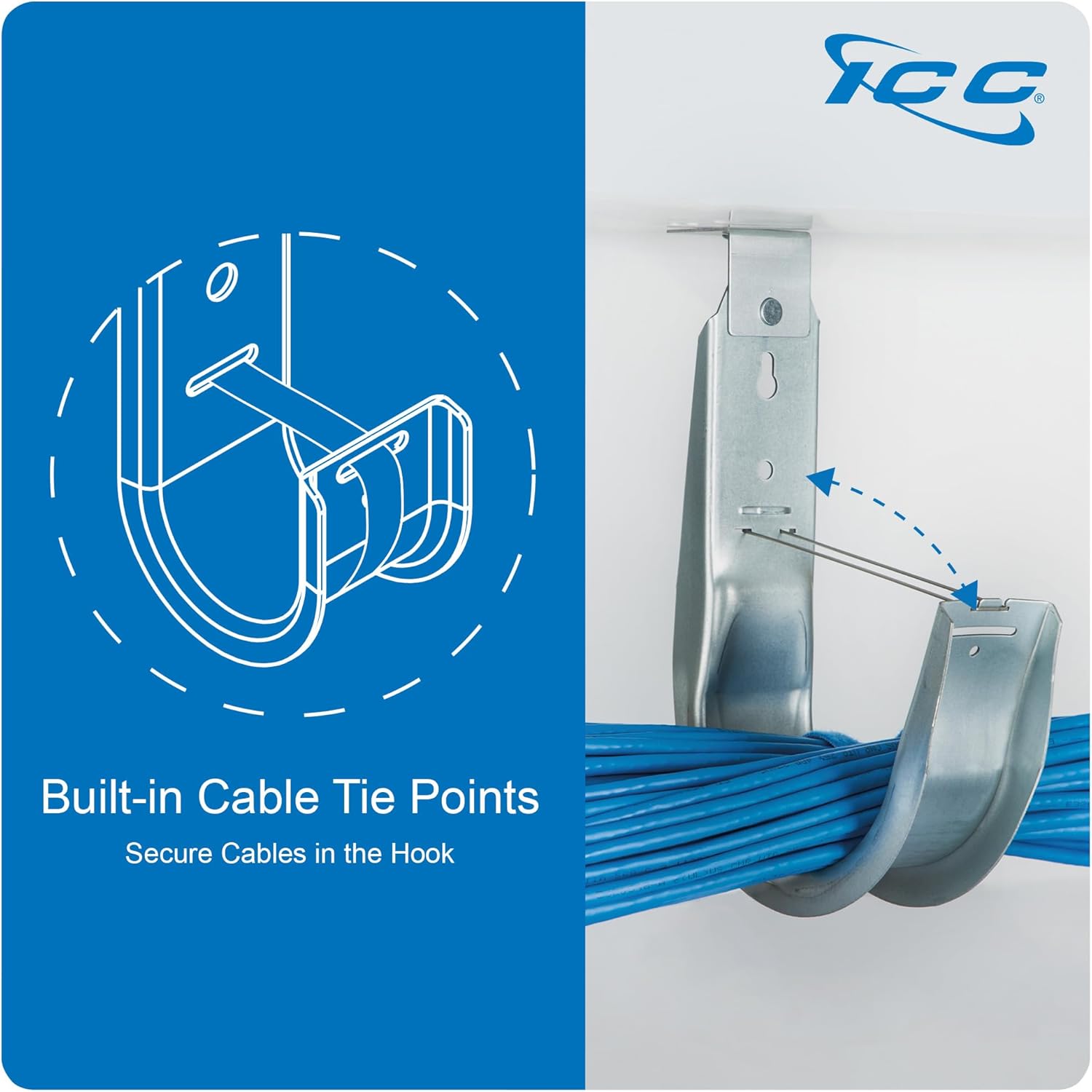 ICC Ceiling Mount J Hook 1 5/16” Without Retainer Clip – Galvanized Steel Cable Management Hooks for Hanging Cable - Rust-Resistant, EIA and TIA Compliant - 1 5/16 Inch 25 Pack