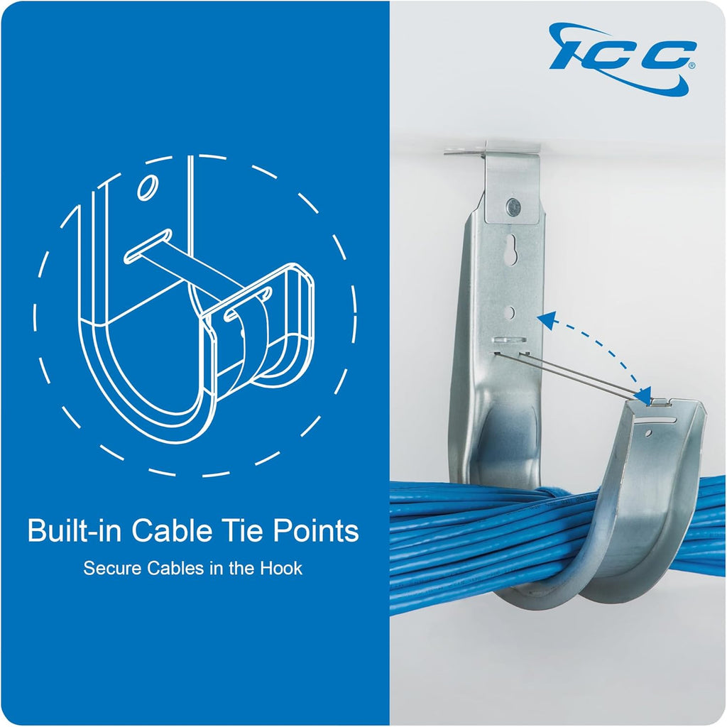 ICC Ceiling Mount J Hook 2” with Retainer Clip - Galvanized Steel Cable Management Hooks for Hanging Cable - Rust-Resistant, EIA and TIA Compliant - 2 Inch 25-Pack