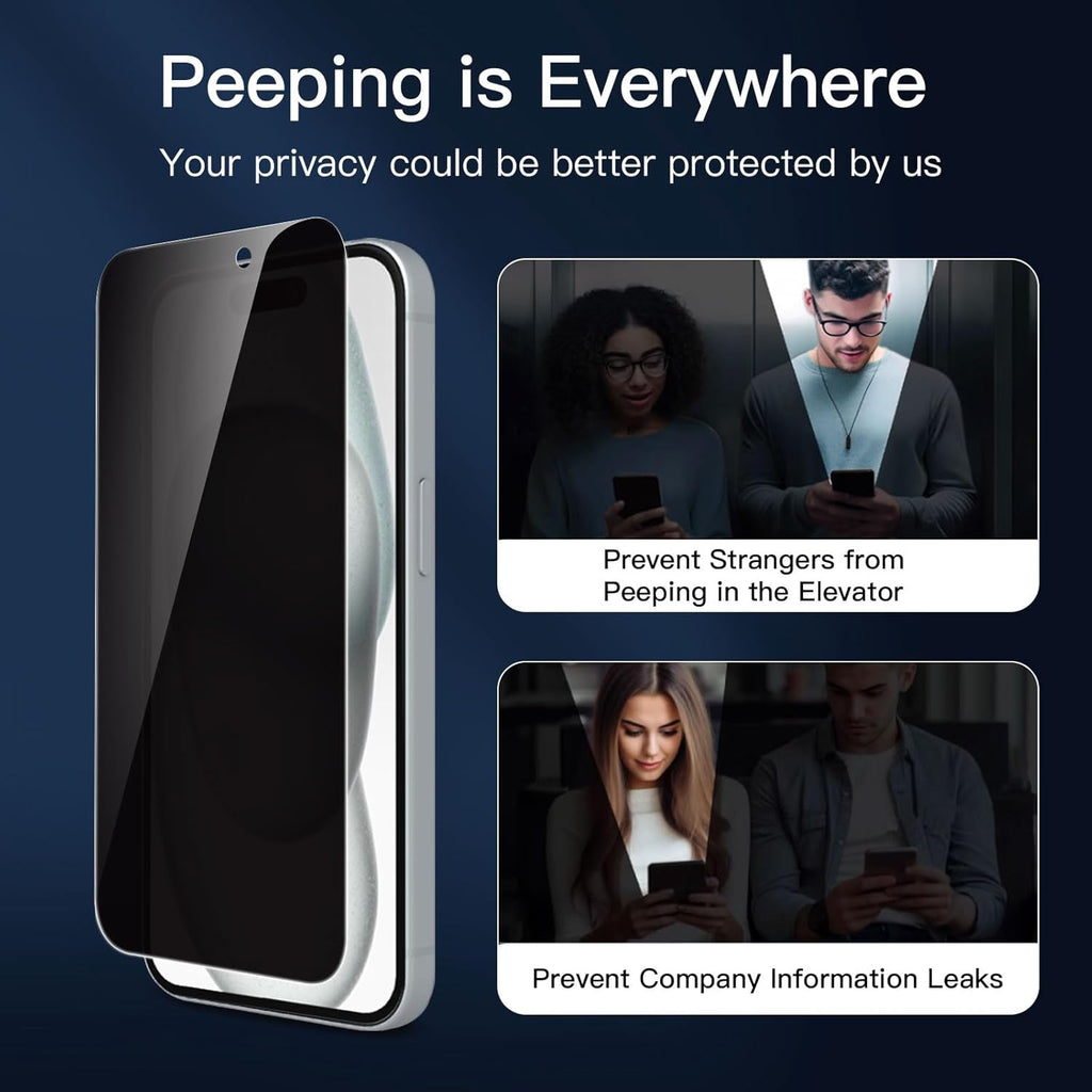 NEW'C 3 Pack Privacy for iPhone 16, iPhone 15 Screen Protector (6.1 inches), Anti-Spy Tempered Glass Film,Enhanced 28-Degree Privacy Angle with easy installation tool included
