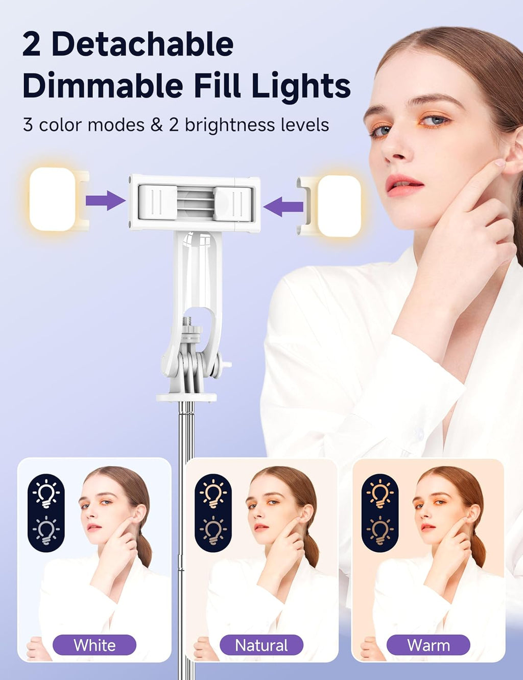 Selfie Stick Tripod with 2 Light, 3 Light Modes & 6 Brightness Levels Extendable Phone Tripod with Detachable Remote & Phone Holder, Portable Camera Tripod Compatible with iphone16 15 14 13/Android