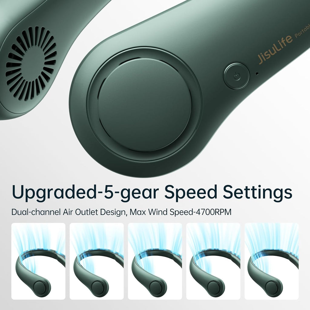 JISULIFE Portable Neck Fan, Hands Free Bladeless Fan, 5 Speeds, 4000 mAh Battery Operated Wearable Personal Fan, Twistable, Rechargeable, Gift for Women Men-Dark Green