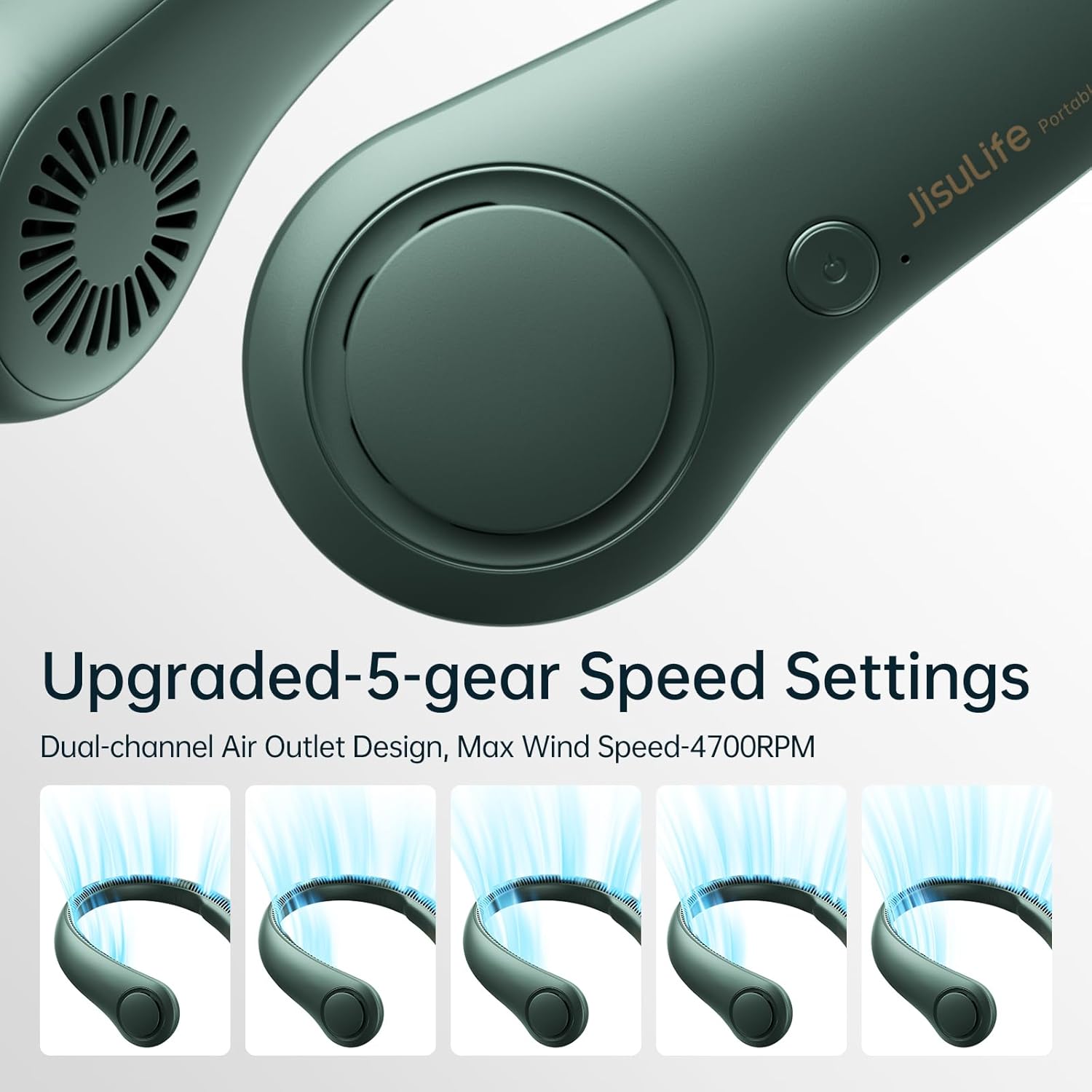 JISULIFE Portable Neck Fan, Hands Free Bladeless Fan, 5 Speeds, 4000 mAh Battery Operated Wearable Personal Fan, Twistable, Rechargeable, Gift for Women Men-Dark Green