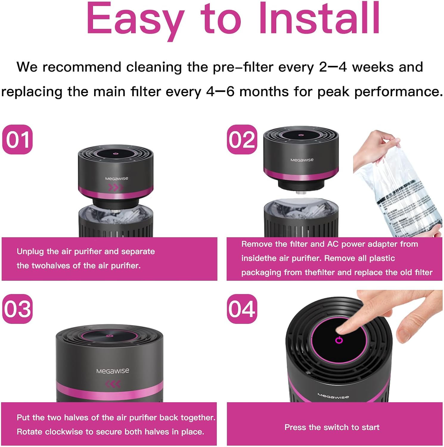 MEGAWISE Office Air Purifier with 3-in-1 HEPA Filter Desktop Air Cleaner for Smoke, Dust, Pollen, Pet Dander, HEPA Air Purifier for Home and Bedroom, 100% Ozone Free (Available for California)