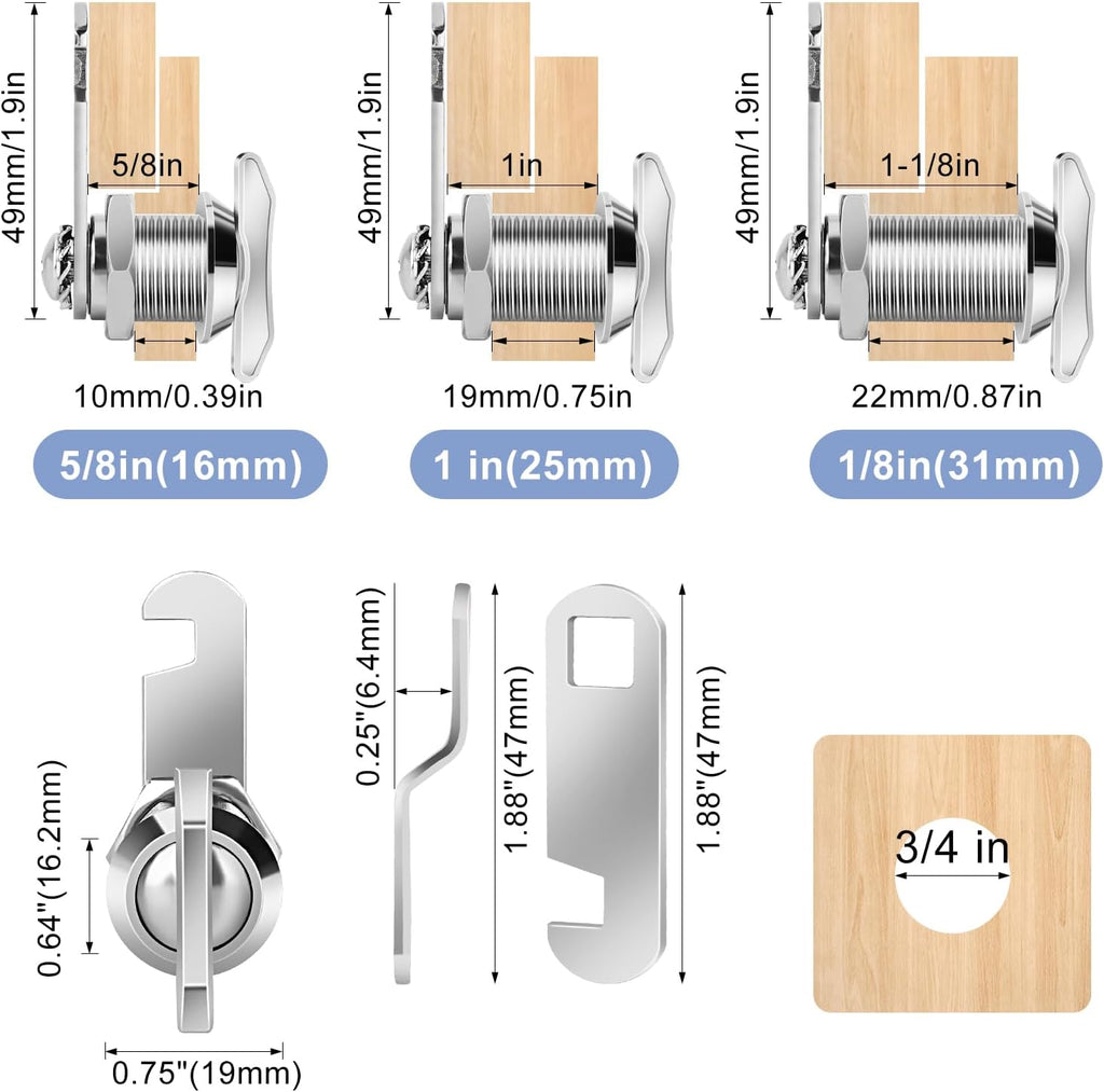 Thumb Operated Offset Cam Lock, 1-1/8” Cylinder Fits on 7/8” Max Door Thickness, Non-Locking Replacement Lock for RV Compartment Camper Storage, Cabinets,Drawers (1-1/8 Inch 3Pack)