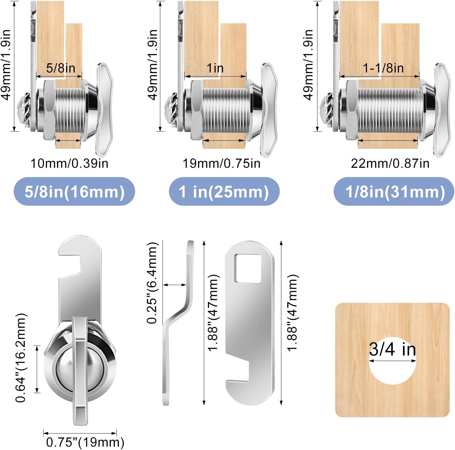 Thumb Operated Offset Cam Lock, 1-1/8” Cylinder Fits on 7/8” Max Door Thickness, Non-Locking Replacement Lock for RV Compartment Camper Storage, Cabinets,Drawers (1-1/8 Inch 3Pack)