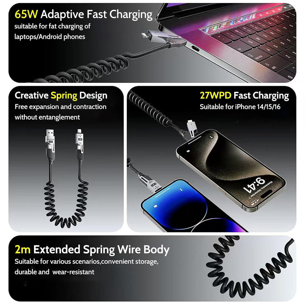 65W 4-in-1 Retractable Fast Charging Cable, 2M/6.5ft Spring Coiled USB-C to L/USB-C/USB-A Multi-Device Cord for iPhone 15/14/13, iPad, Samsung, MacBook, Laptop, Car, Tablet (2)