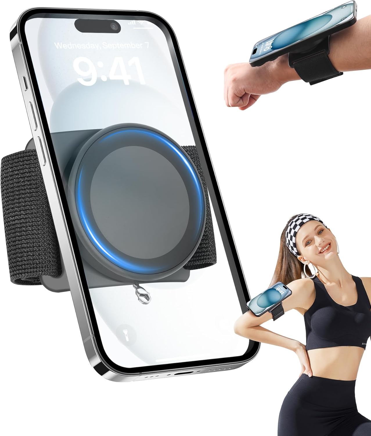 TOPGO [2 Generation Upgrad] Running Phone Holder for iPhone [360° Rotatable & Built-in Retractable Rope] Magnetic Wrist Phone Holder, Magsafe Armband for iPhone 16 Pro and Android (Black, 2 Straps)