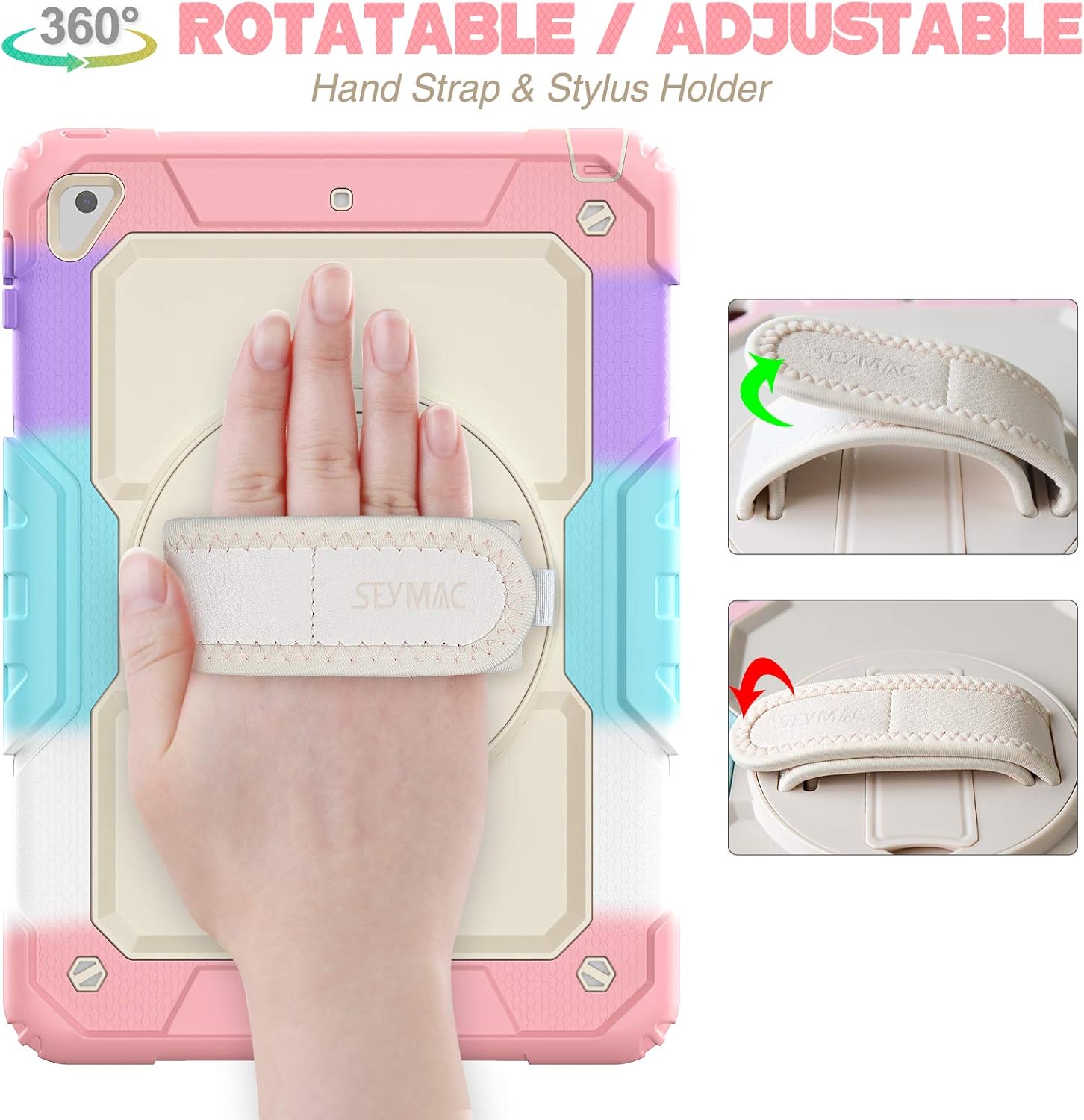 SEYMAC stock Case for iPad 6th / 5th Generation Case/Air 2 / Pro 9.7 inch, Heavy Duty Protective with Screen Protector, with Pencil Holder, Hand Strap, Shoulder Strap, 360 Rotate Stand,Yellowish+Pink