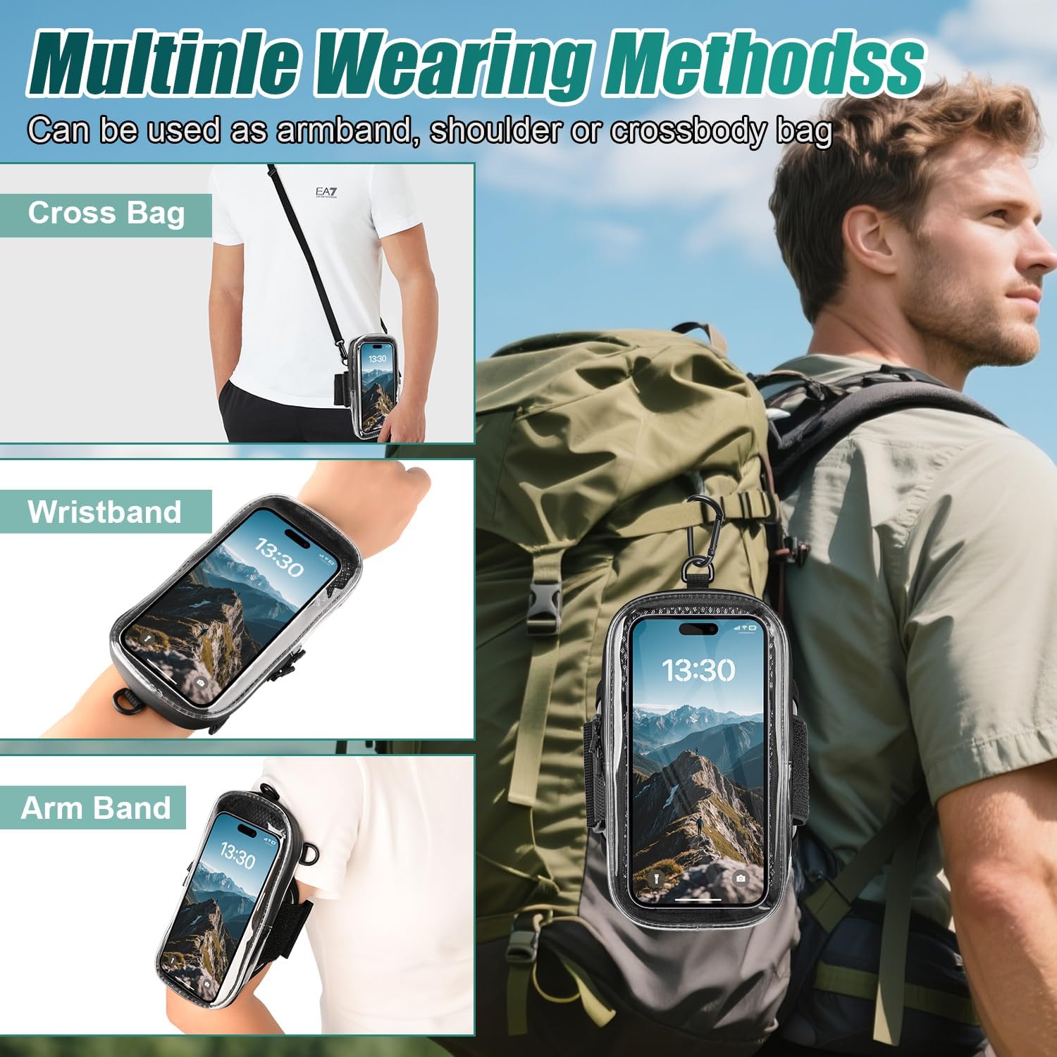 Phone Holder for Running, 2-in-1 Arm Band Cross Bag for iPhone16 15 14 13 Plus Pro Max 12 11 X Samsung Android, Arm Bag with Key Card Pocket for Workout Gym Exercise Fitness (Dark Grey)