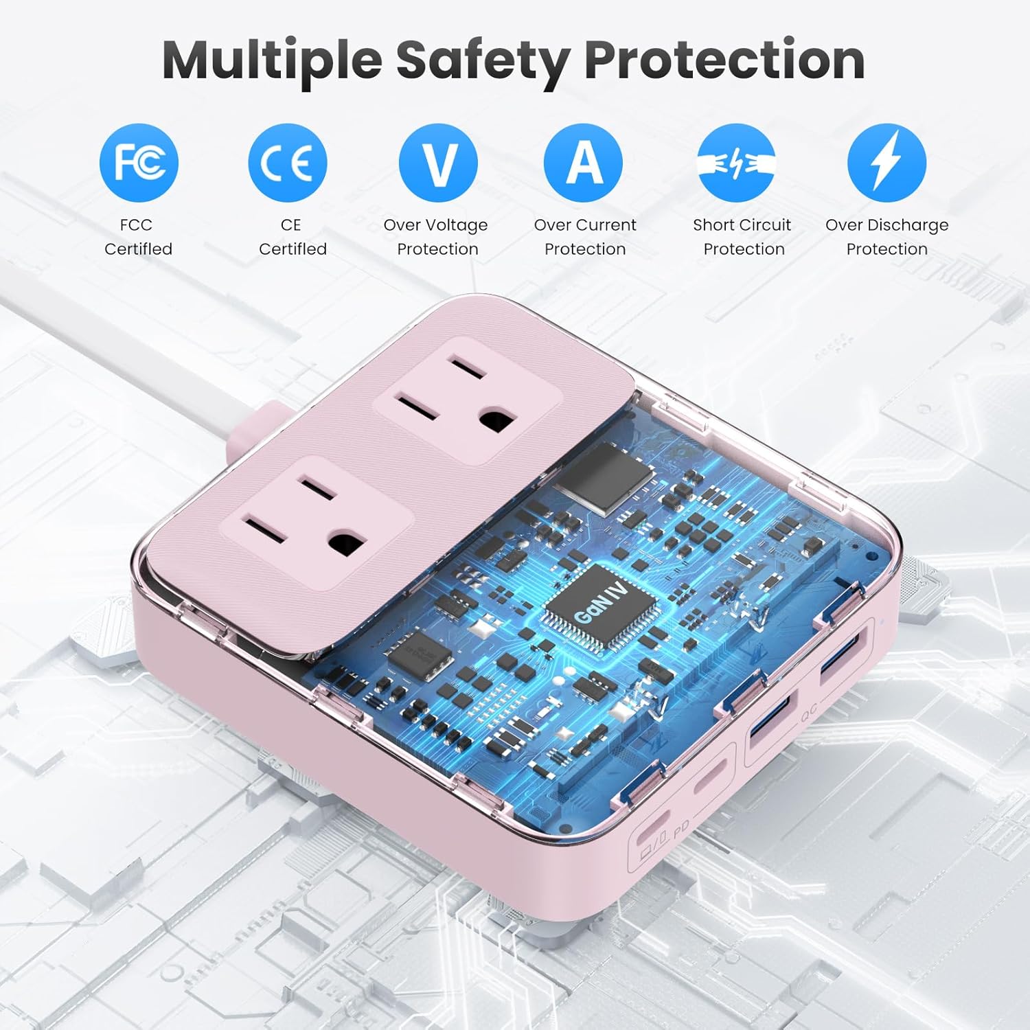 USB C Charger Block,135W GaN IV Fast Charging Station Hub,6-in-1 USB C Power Strip with Flat Plug and 5ft Cord,2 AC,2 USB A,2 USB C,PD 65W Laptop Charger for MacBook Air/Pro,iPhone16/15,Samsung-Pink