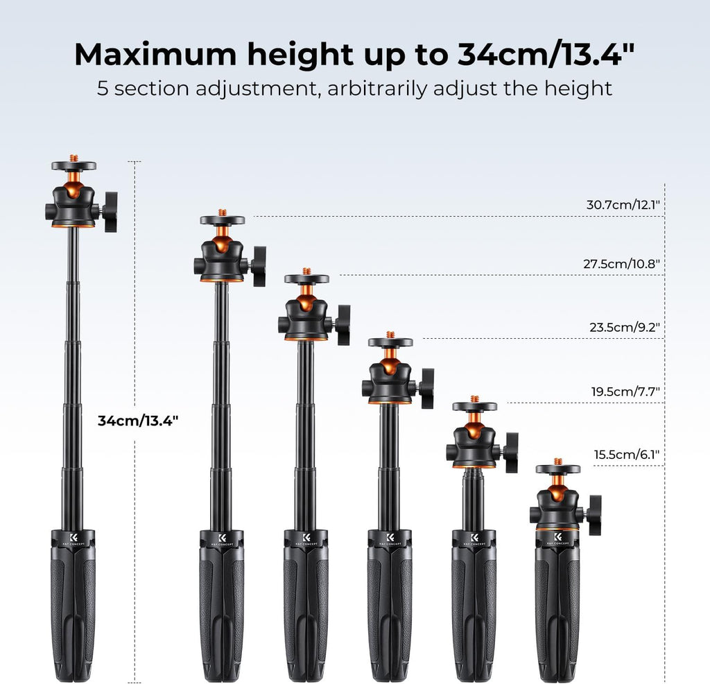 K&F Concept Selfie Stick Tripod, 360 Degree Rotation Mini Phone Stand with Ball Head and Cold Shoe Mount, Cellphone Holder with Wireless Remote for Smartphone Black
