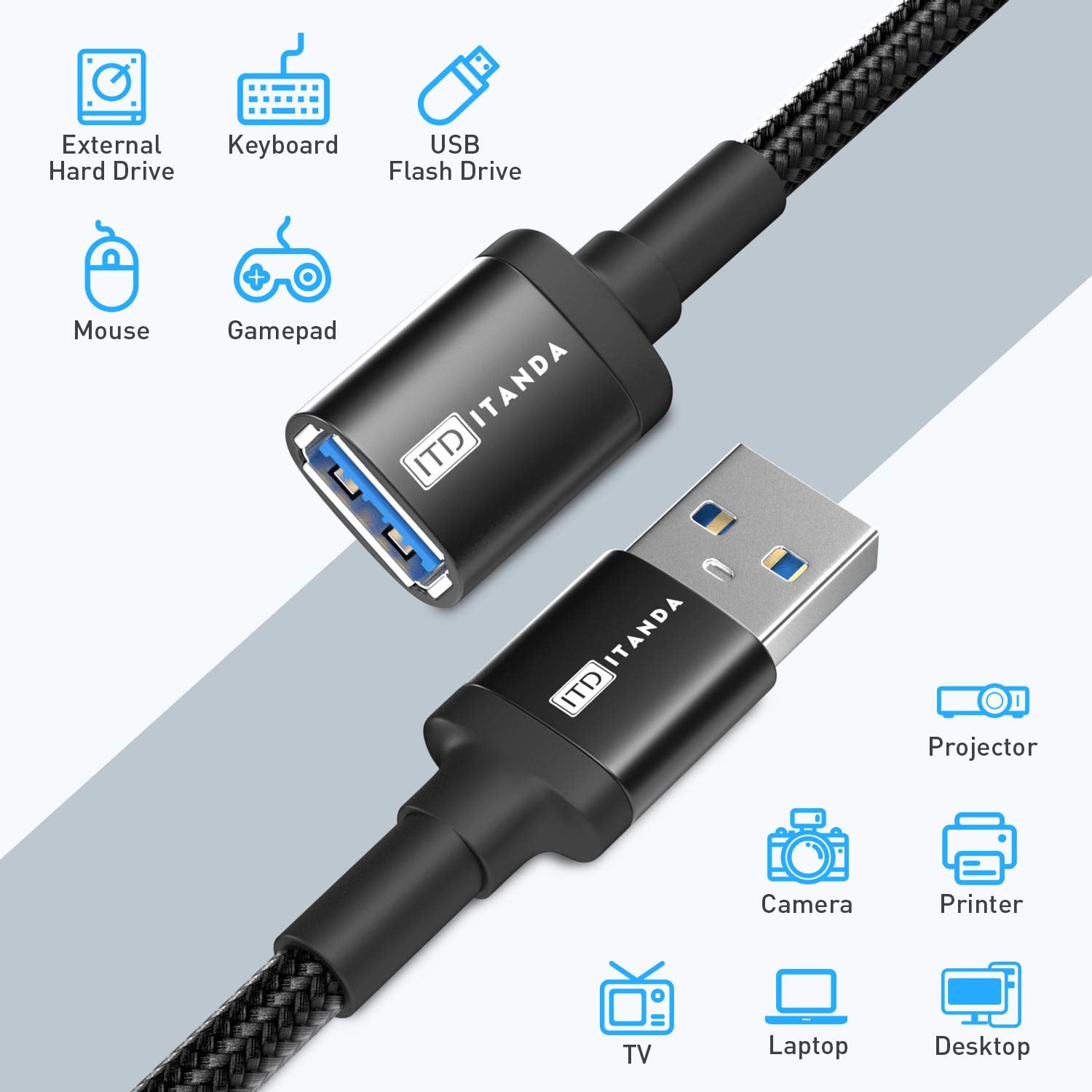ITD ITANDA 6FT USB Extension Cable USB 3.0 Extension Cord Type A Male to Female 5Gbps Data Transfer for Keyboard, Mouse, Playstation, Xbox, Flash Drive, Printer, Camera and More, Black