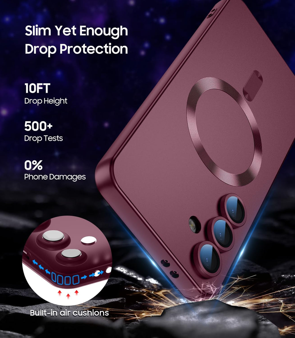 Magnetic for Samsung Galaxy S25 Case [Compatible with MagSafe][Built-in Camera Lens Protector] Slim Soft Silicone Bumper Shockproof Metallic Luster Phone Shell (Burgundy)