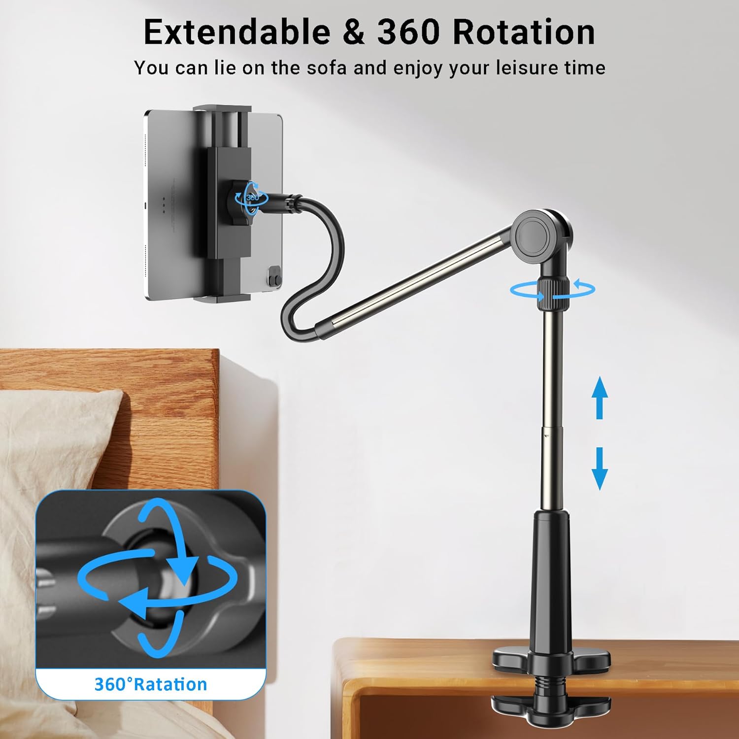 Desk Tablet Holder for iPad Pro, No Stiff Easy Adjust Arm Phone and Tablet Stand for Bed, Ereader Accessories Compatible with Kindle iPhone, iPad Pro/Mini/Air, Smartphones