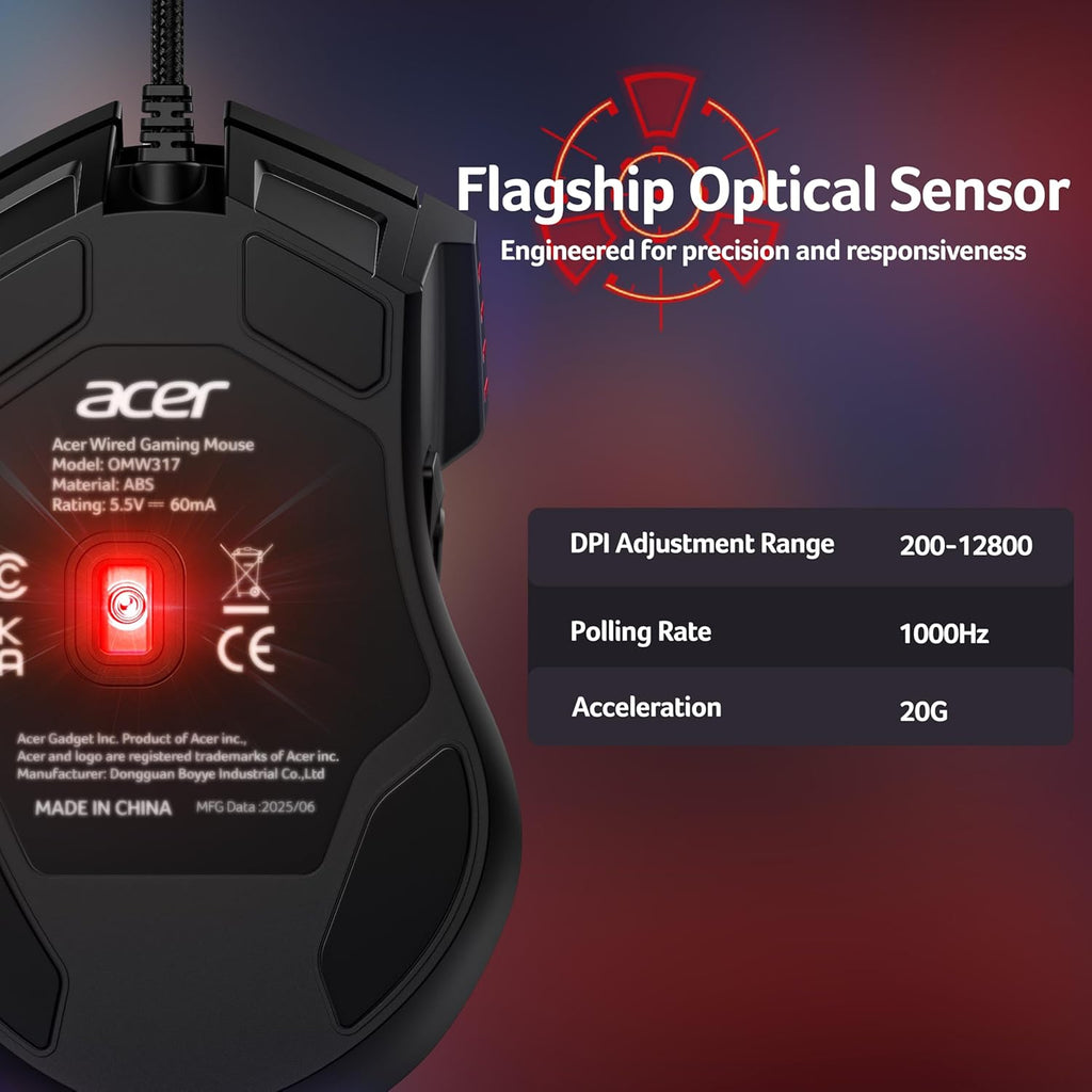 acer Wired Gaming Mouse, 12,800 DPI RGB Ergonomic Computer Mouse with Optical Sensor, 8 Programmable Buttons, 12 Backlit Modes, Software for DIY Keybinds, Rapid Fire, USB Gaming Mice for Laptop, PC