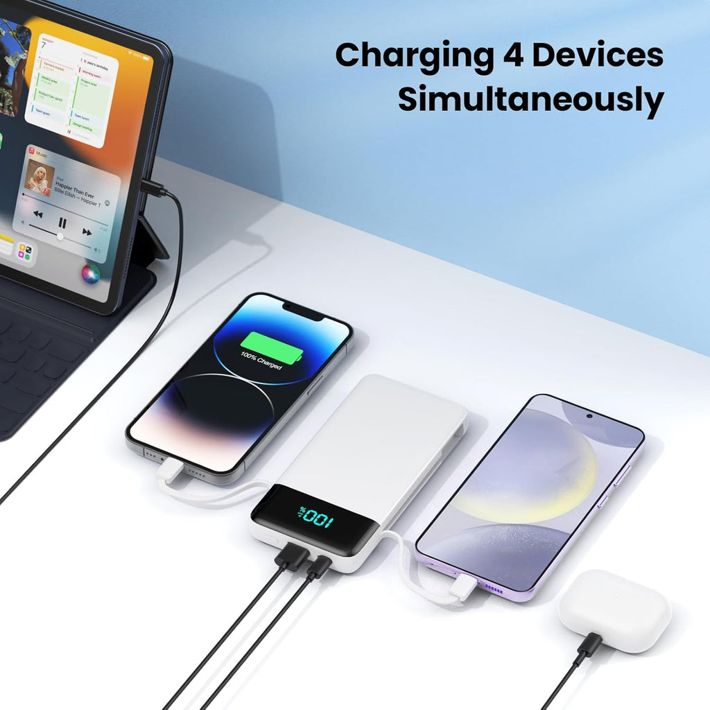 Portable Charger for iPhone with Built in Cables and Wall Plug,Upgraded 13800mAh Fast Charging USB C Power Bank,4 Outputs Travel Essential Battery Pack Compatible with iPhone 15/14/13,Samsung-White