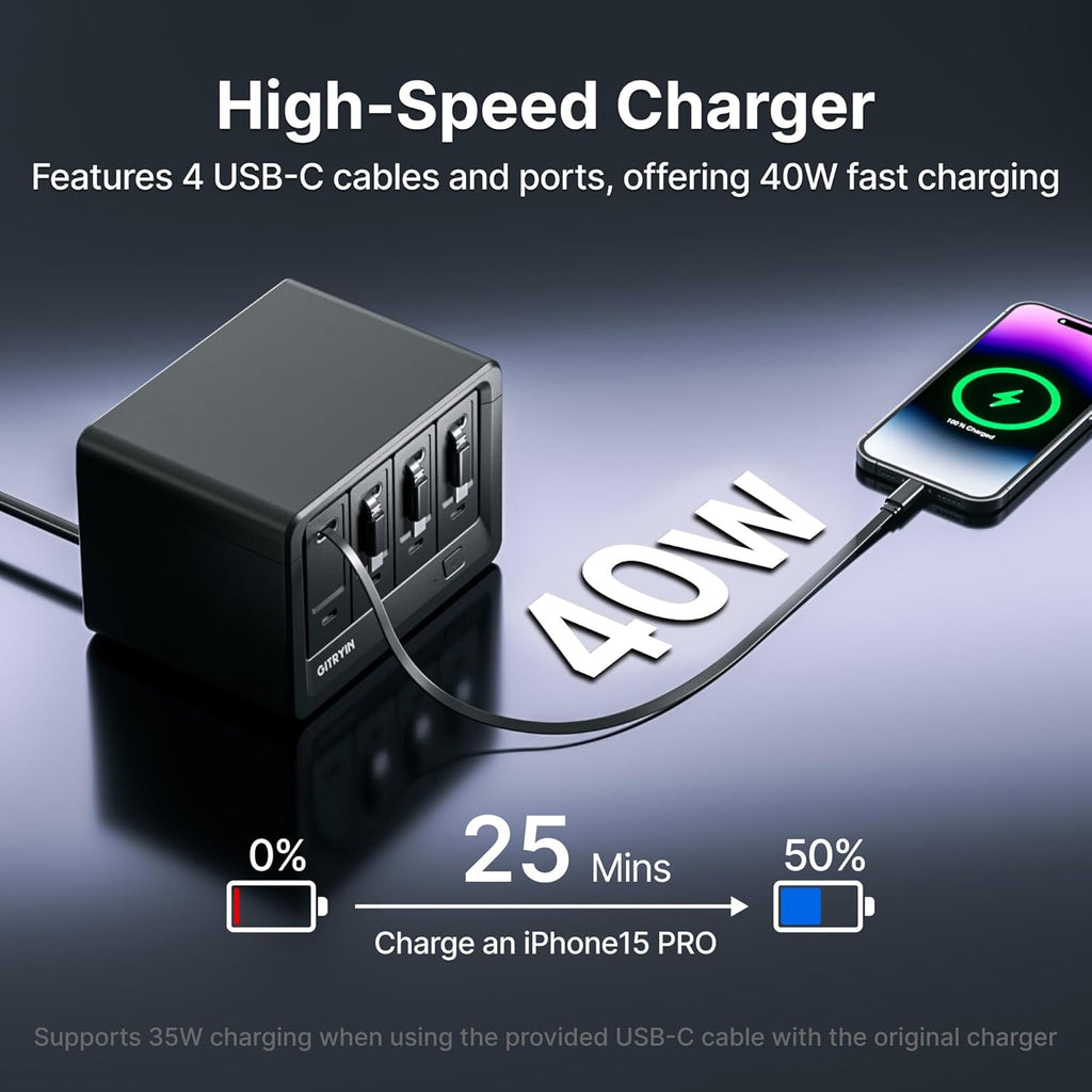 Gitryin 12-in-1 Desktop Charging Station with 4 Retractable Type-C Wall Chargers, 40W USB-C Power Strip with Flat Plug, Extension Cord with 1020J Surge Protection for Home Office