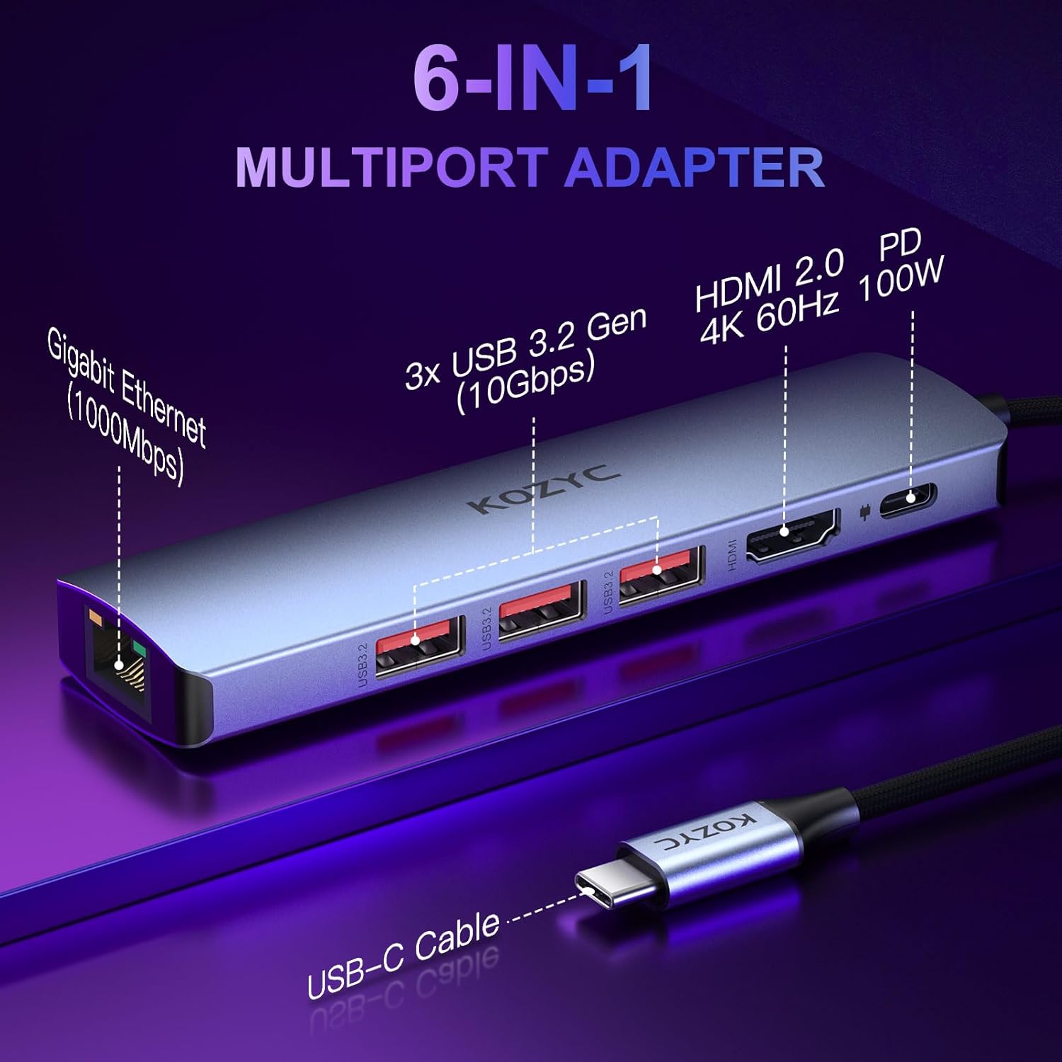 USB C Hub Ethernet, KOZYC 6-in-1 USB C Hub with 10Gbps, HDMI 4K 60Hz, 1Gbps Ethernet, 3xUSB-A 3.2, 100W PD Compatible with MacBook Air/Pro, XPS13/15, Dell