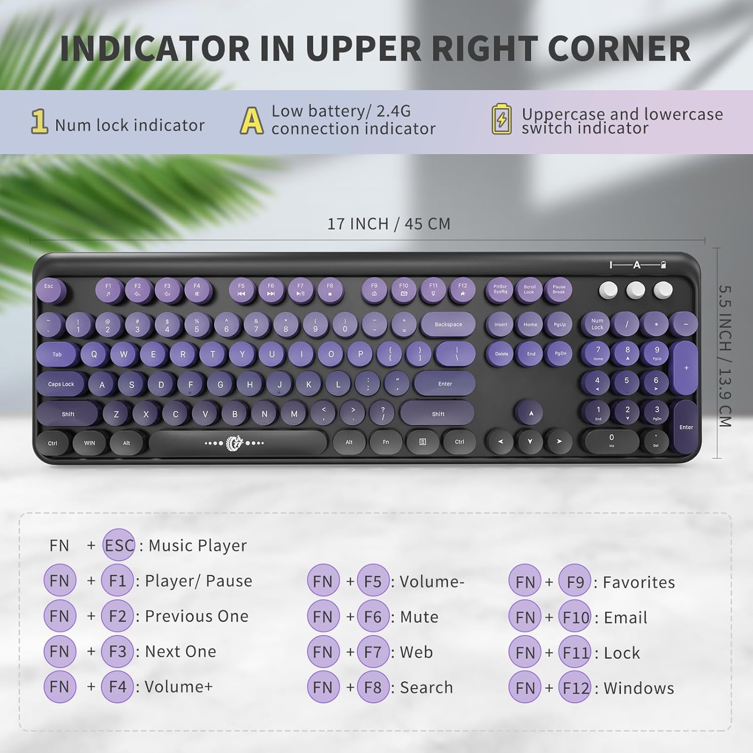 Wireless Keyboard and Mouse Combo, 104 Round Keys Cute Colorful Keyboard and Mouse with Retro Typewriter for PC/Mac/Laptop/Tablet/Computer/Windows Black Purple