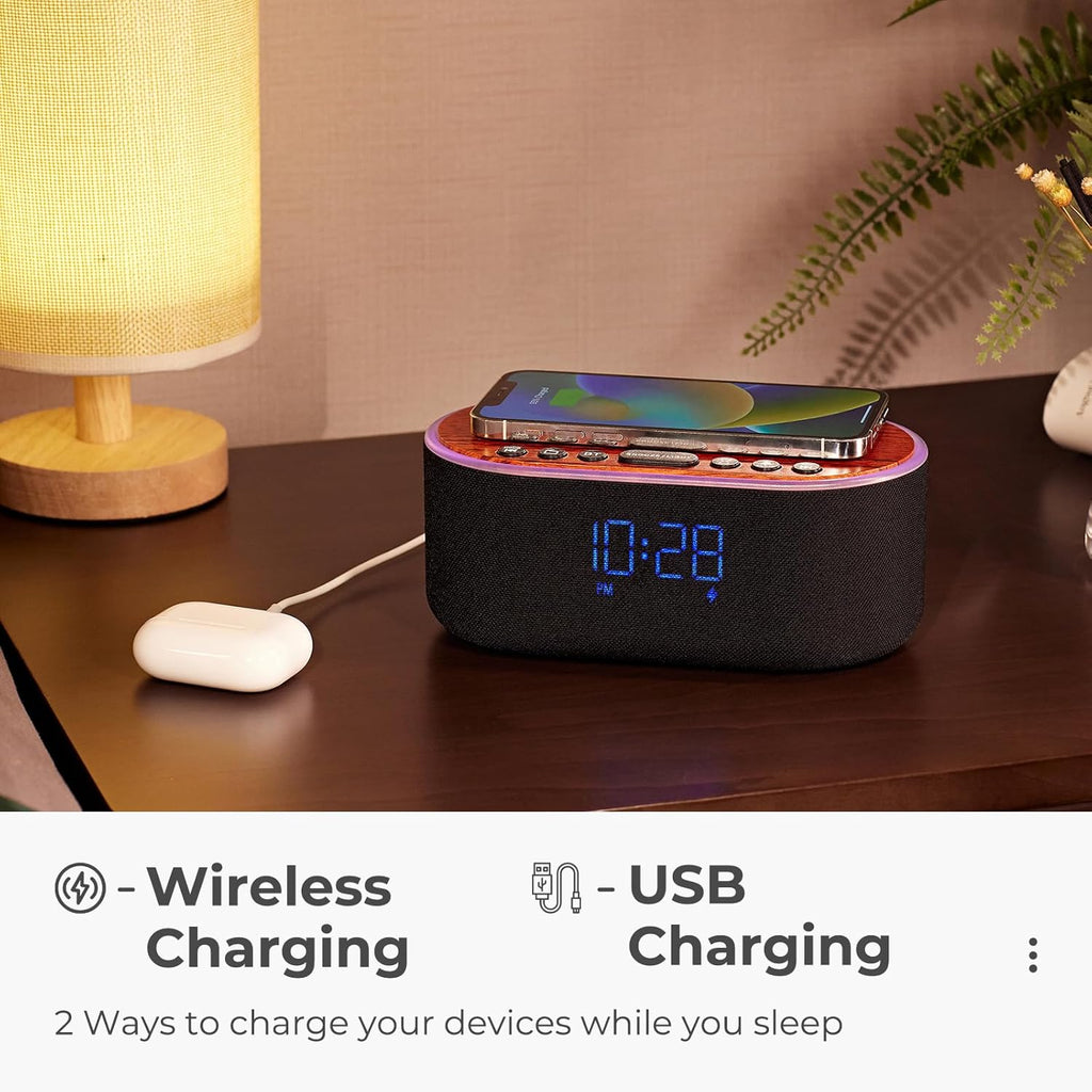 uscce Alarm Clock Bluetooth FM Radio: 10W Stereo Sound Speaker - Fast Wireless Charging for iPhone Samsung - Dimmable Clock Radio for Bedroom