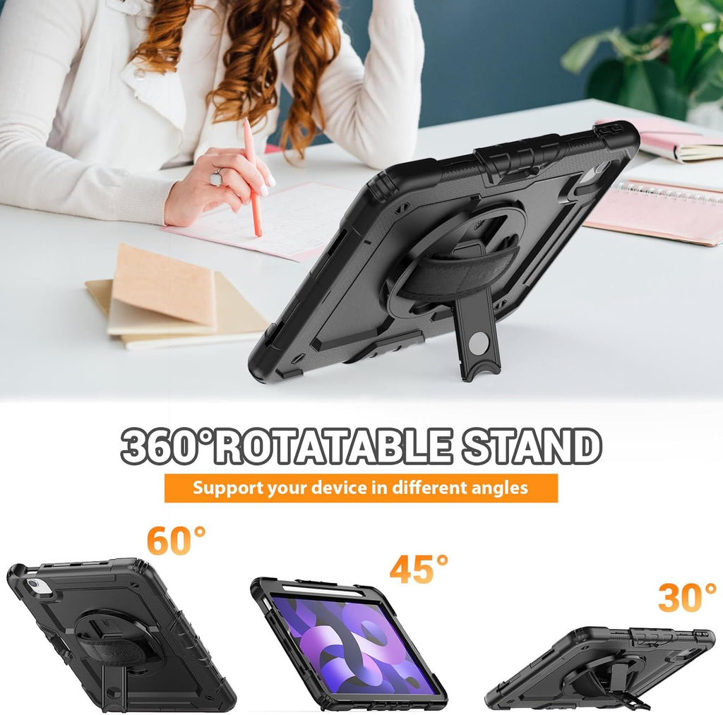 SEYMAC for iPad Air 5th/ 4th Generation Case 10.9 Inch, Full-Body Shockproof Protective Case with Screen Protector, Rotating Stand/Handle/Shoulder Strap/Pencil Holder for iPad Air 5/ Air 4, Black