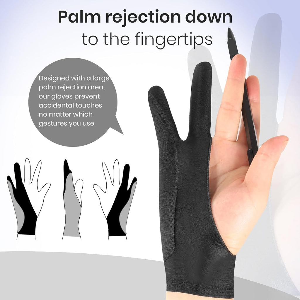 Digital Drawing Glove: 3-Layer Palm Rejection, Two-Finger Artist Glove for Drawing Tablet, iPad, Paper Sketching, Fits Left and Right Hand, Includes Cleaning Cloth(2 Pack,Black,Large)