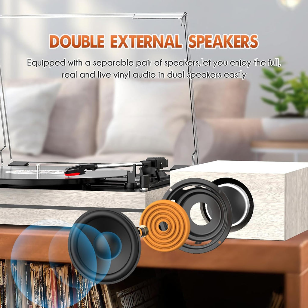 Record Player for Vinyl with External Speakers, Belt-Drive Turntable with Dual Stereo Speakers Vintage Vinyl LP Player Support 3 Speed Wireless AUX Headphone Input Auto Stop for Music Lover White