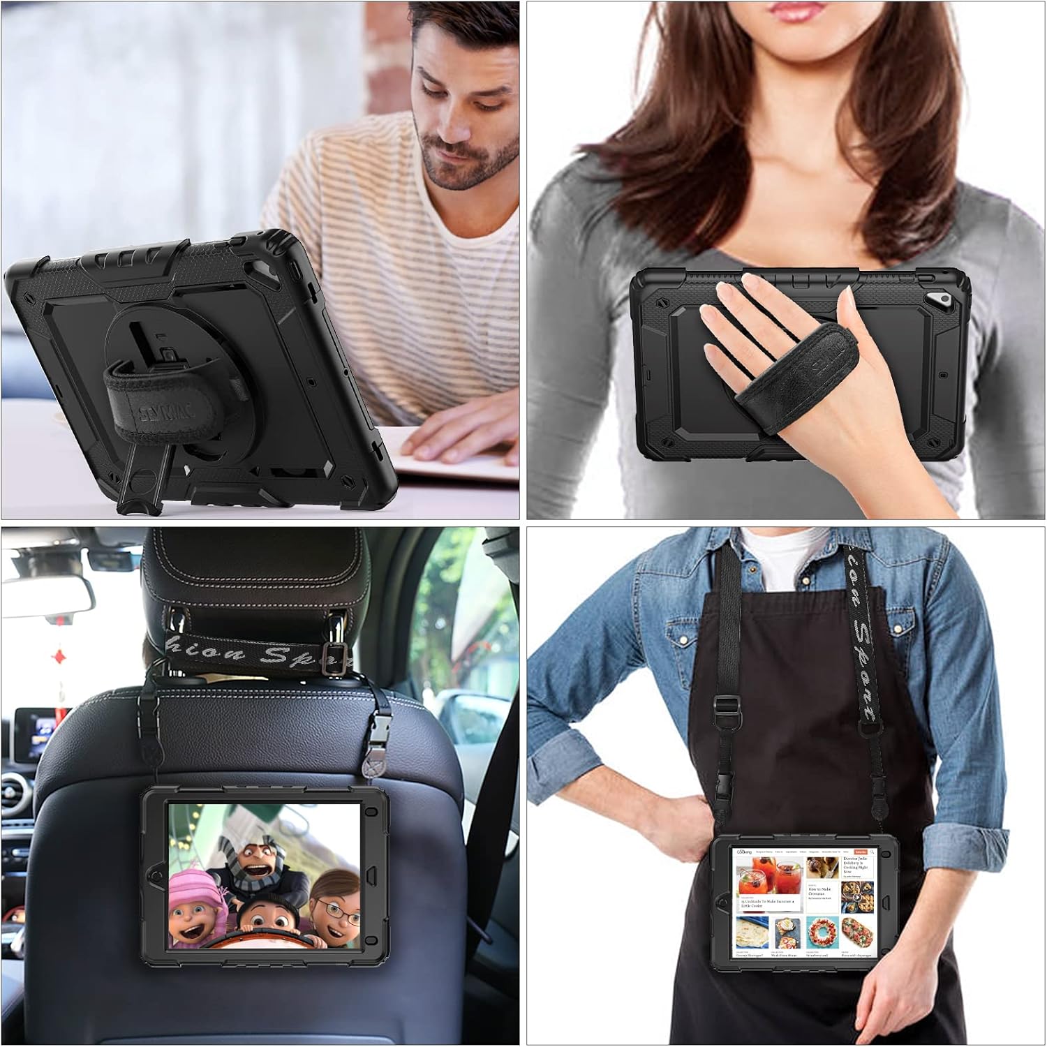SEYMAC stock Case for iPad 6th / 5th Generation Case/Air 2 / Pro 9.7 inch, Heavy Duty Protective with Screen Protector, with Pencil Holder, Hand Strap, Shoulder Strap, 360 Rotate Stand, Black