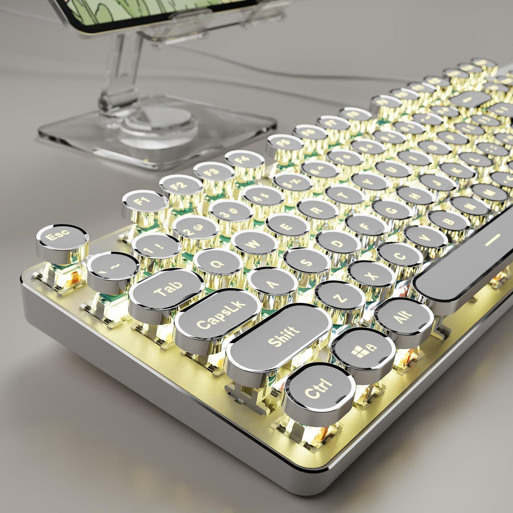 EWEADN TK100 Typewriter Style Wired Mechanical Keyboard, 104 Keys Aesthetic Typewriter Keyboard with Yellow Backlit, Anti-Ghosting, Blue Switch Cool Keyboards-White