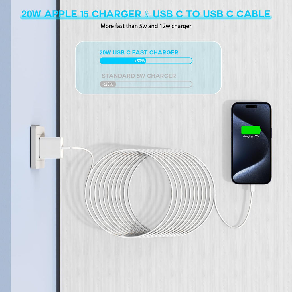 10FT Woven Cable for Apple 16 15, 60W 10Foot USB C to Type C Braided Charger Cable Cord & 20W USB C Charger Block Cube Travel Plug Super Quick Charging for iPhone 16 15/16 15 Plus/Pro/Pro Max,iPad Pro
