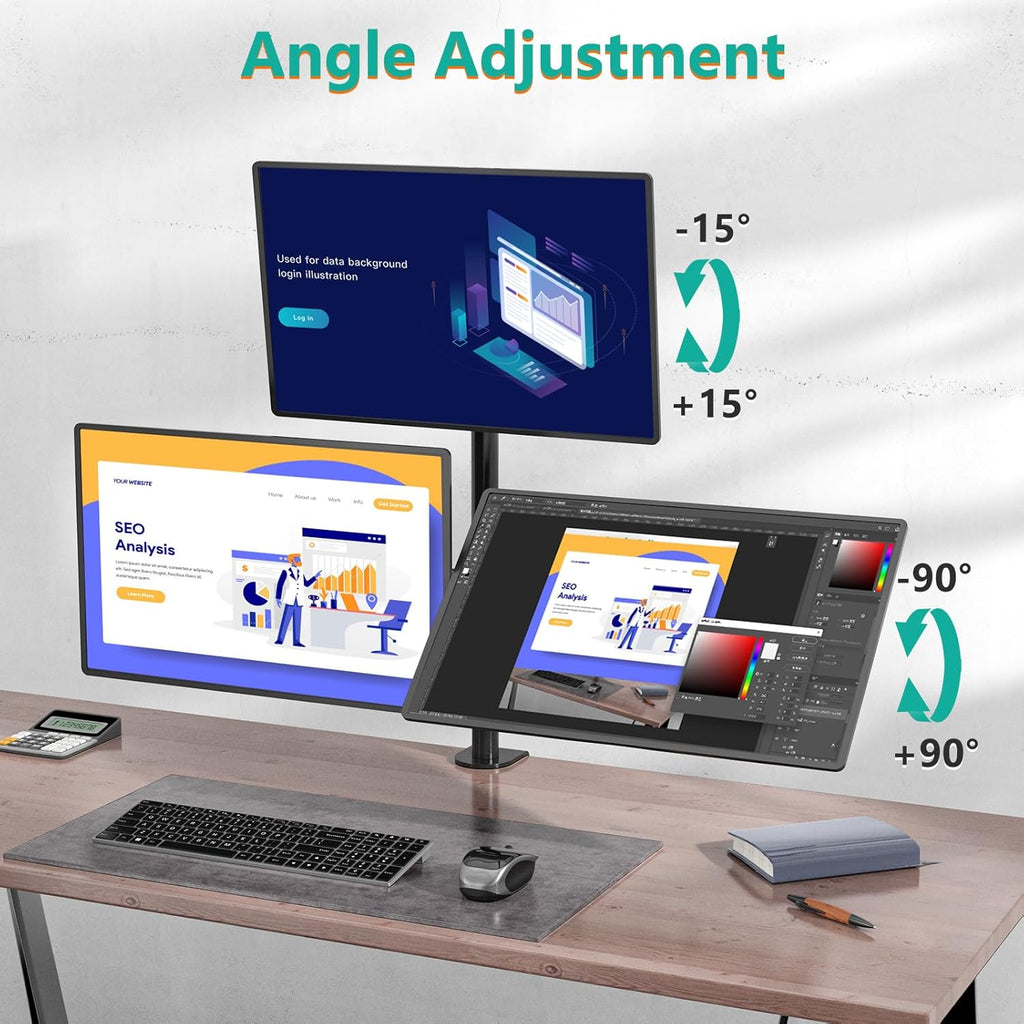 WALI Triple Monitor Mount for 13-27 inch Computer Screens, 3 Monitor Desk Mount, Holds up to 22 lbs, Adjustable Triple Monitors Stand with Swivel Tilt Rotation, 75x75/100x100mm (M003), Black