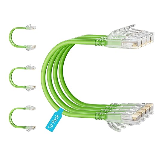 Cat6 Slim Patch Cables 5 Feet 10-Pack Green, Cat6a Patch Cables 10Gbps 550MHz by Unknown